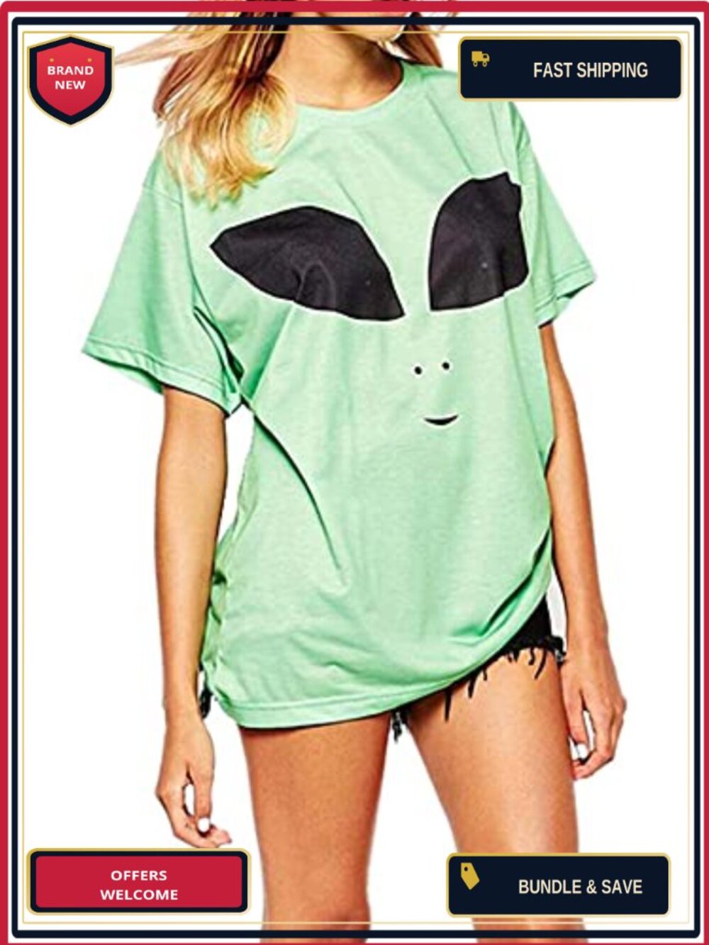 Womens Casual Alien Print Short Sleeve Loose Oversize Graphic Tee T-Shirt
